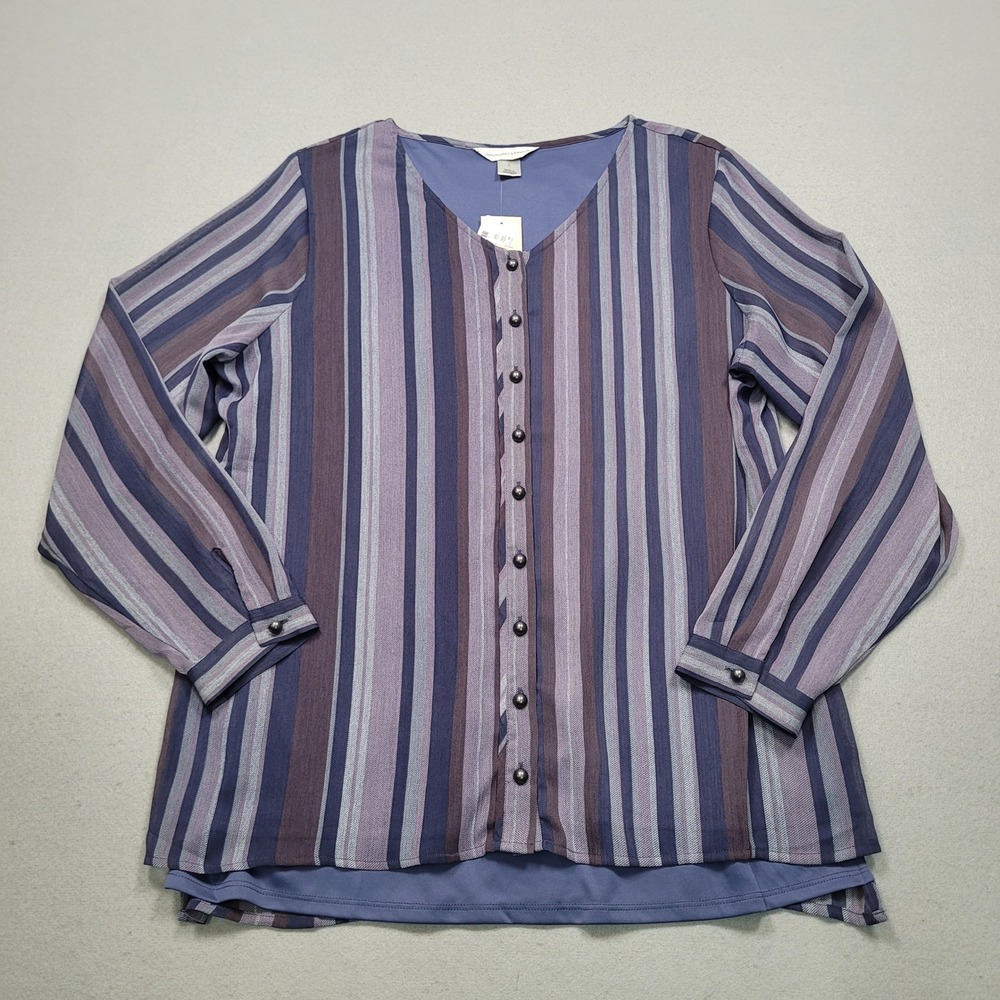 Christopher & Banks Blue Purple Striped Button Front Blouse Large Long Sleeve
